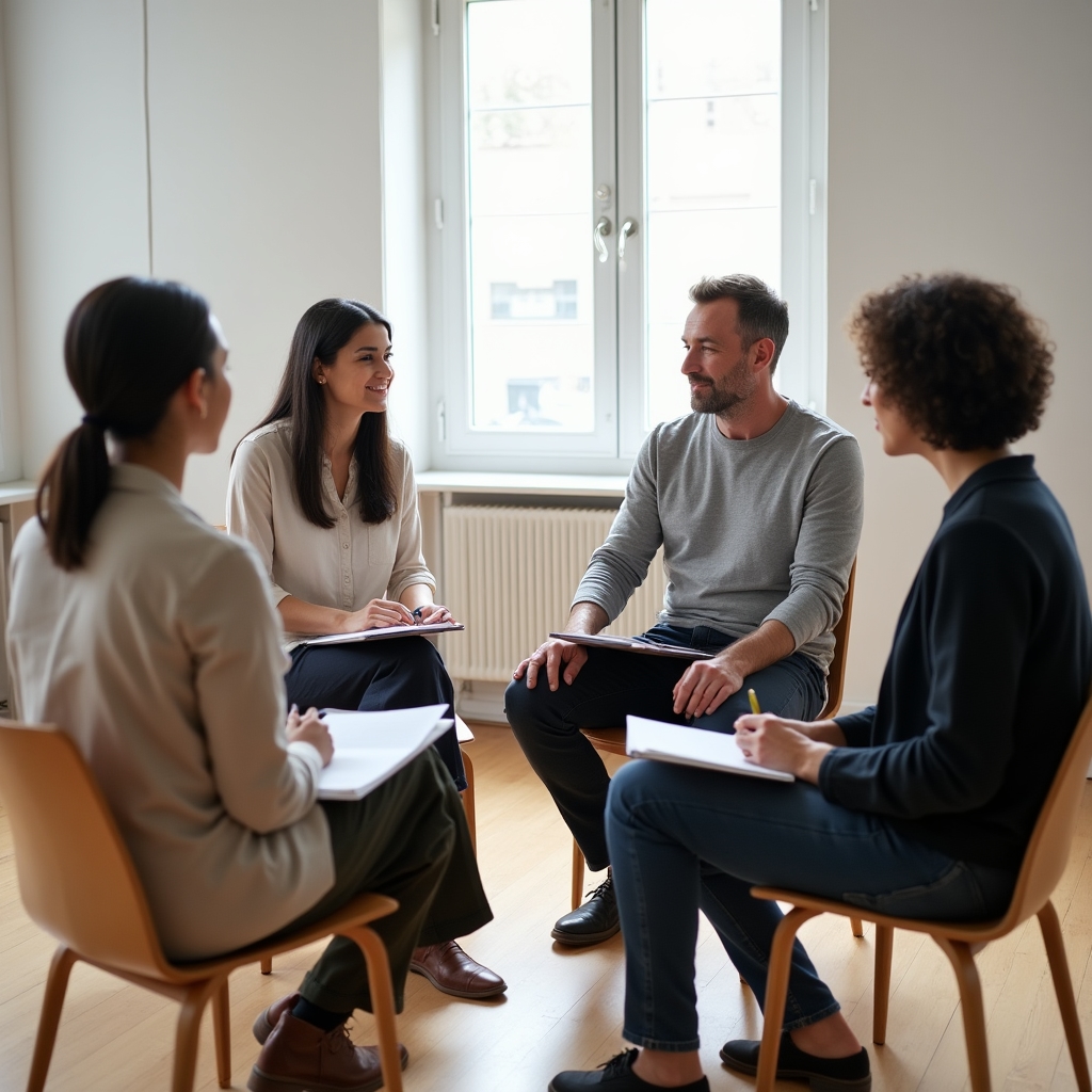Small group of adults in a light-filled room engaged in a reflective exercise