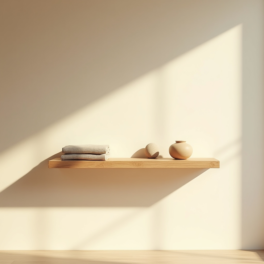 A single clean wooden shelf with a few carefully chosen objects, warm light from the side