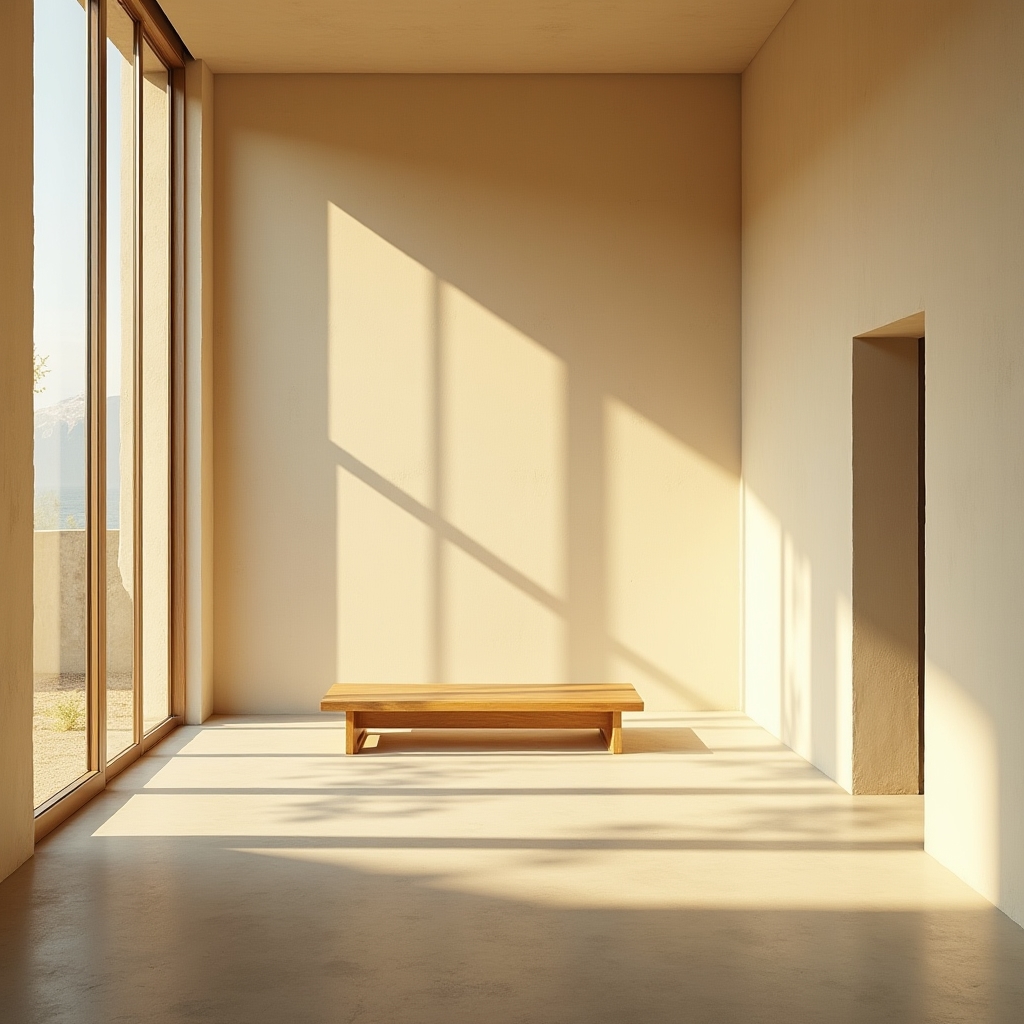A calm, minimal living space with warm natural light