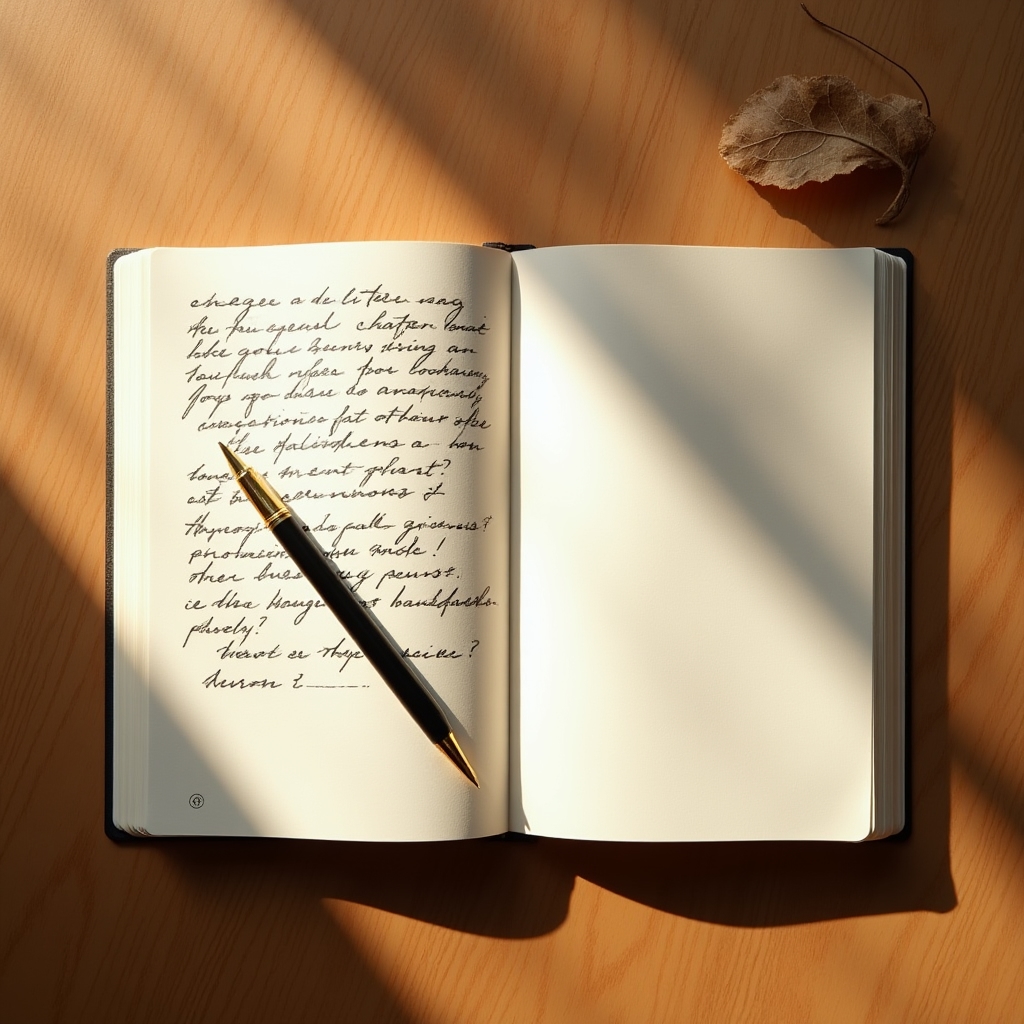An open notebook with handwritten notes and a simple pen on a wooden desk