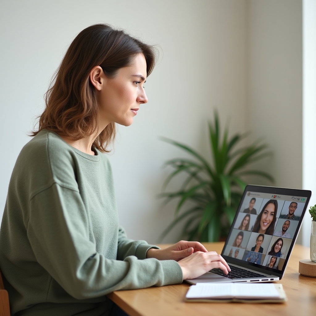 Person participating in a video call session with calm home background