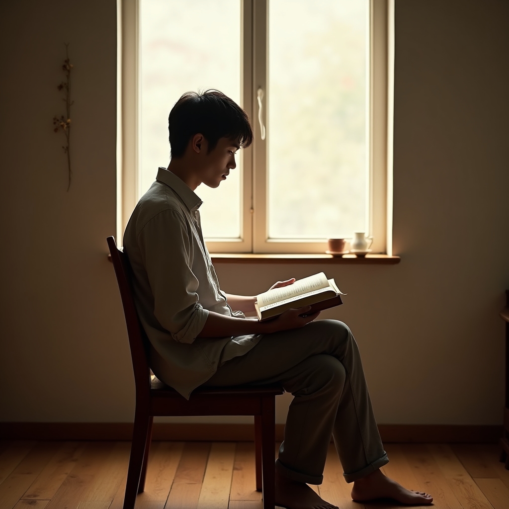 A person reading in a quiet, minimal room with a cup of tea beside them