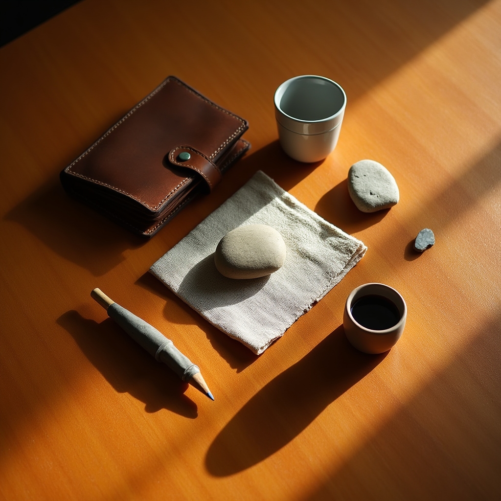 Carefully arranged minimal objects on a wooden surface, soft natural light