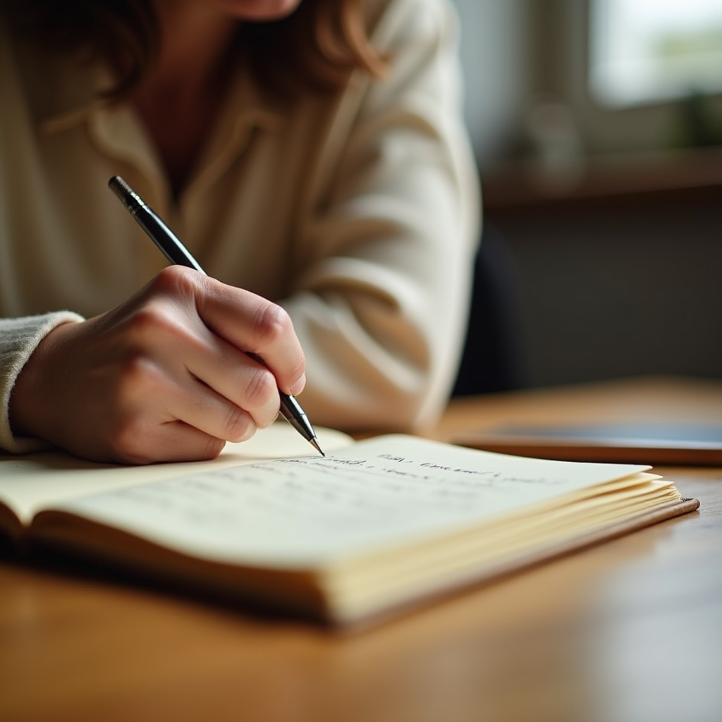Person writing in a notebook during a reflective workshop exercise